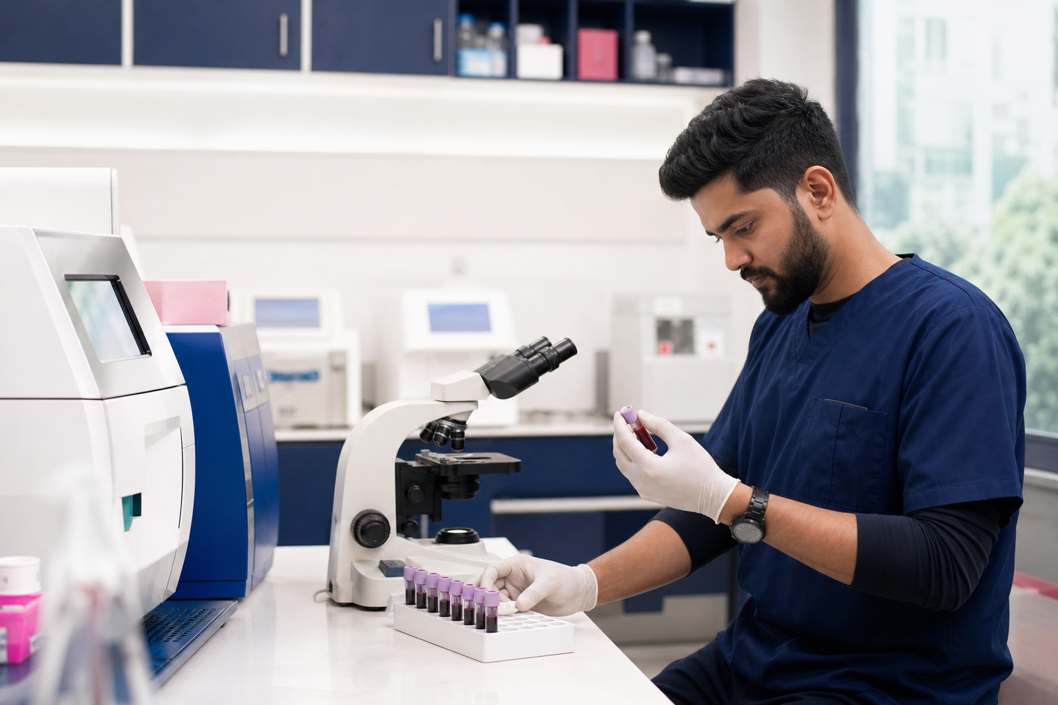 Dhaka veterinary laboratory professional reviewing a pet blood sample